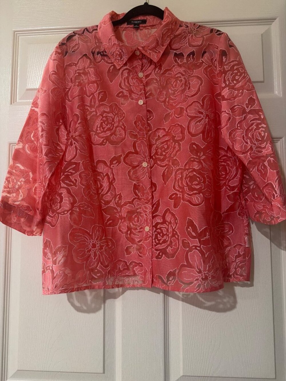 Sheer Floral Button-Up Shirt By Elementz XL Red Lightweight 3/4 Sleeves Made In